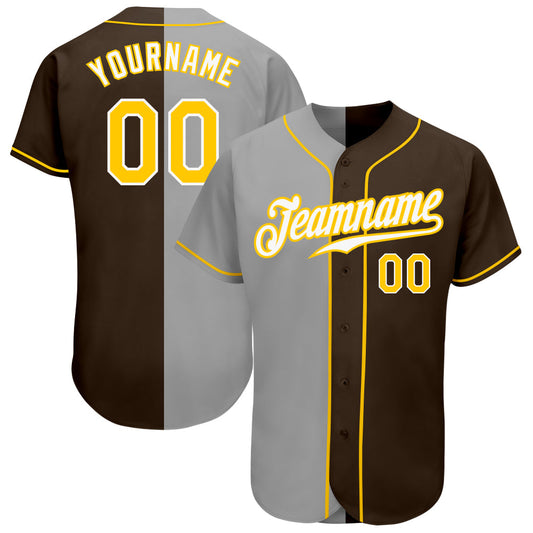 Custom Brown Gold-Gray Authentic Split Fashion Baseball Jersey - Main View