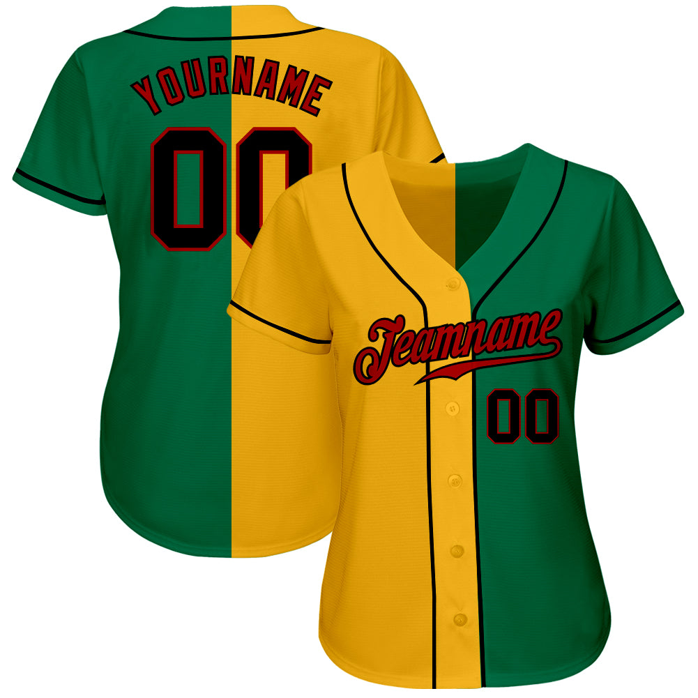 Custom Kelly Green Black-Yellow Authentic Split Fashion Baseball Jersey view 2
