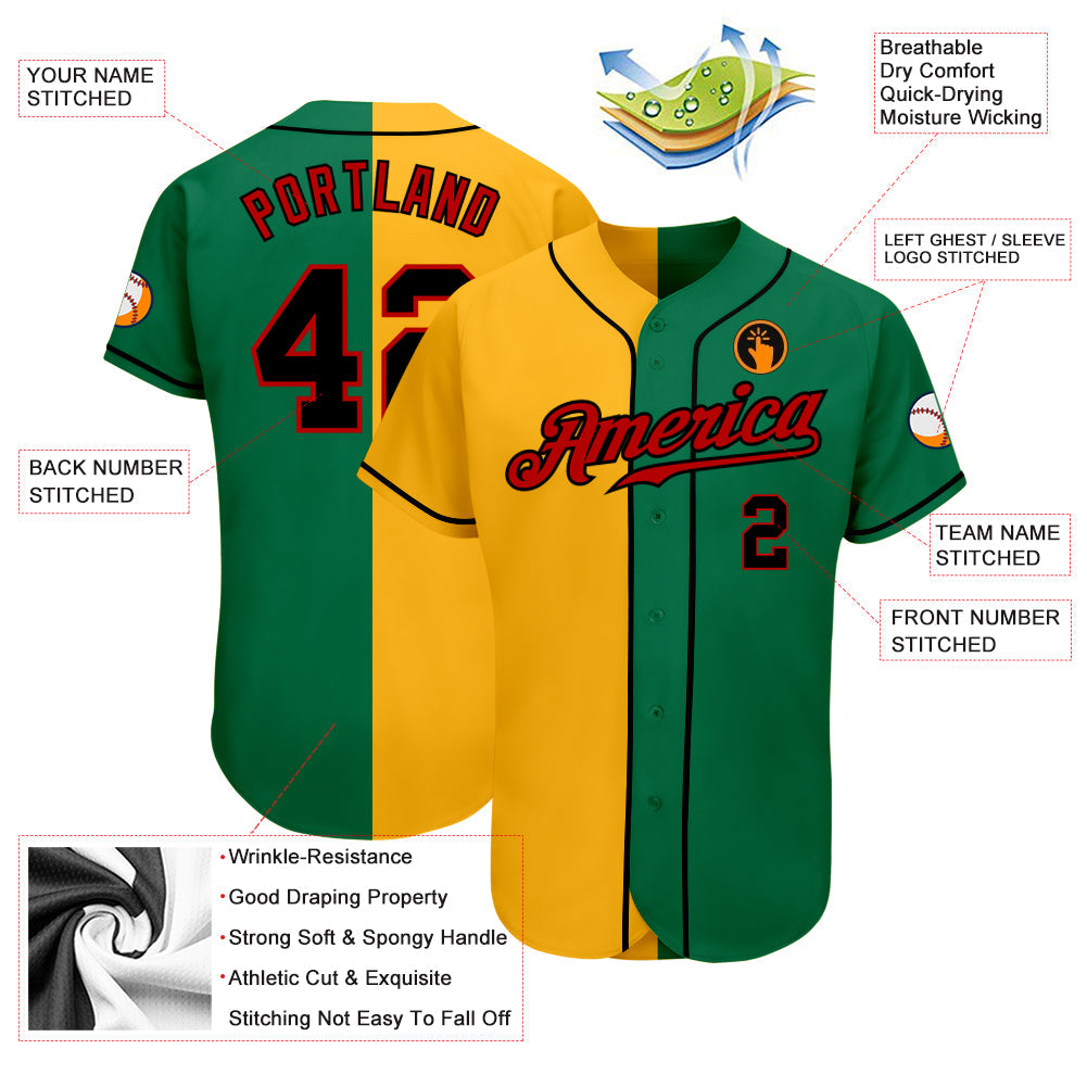 Custom Kelly Green Black-Yellow Authentic Split Fashion Baseball Jersey view 3