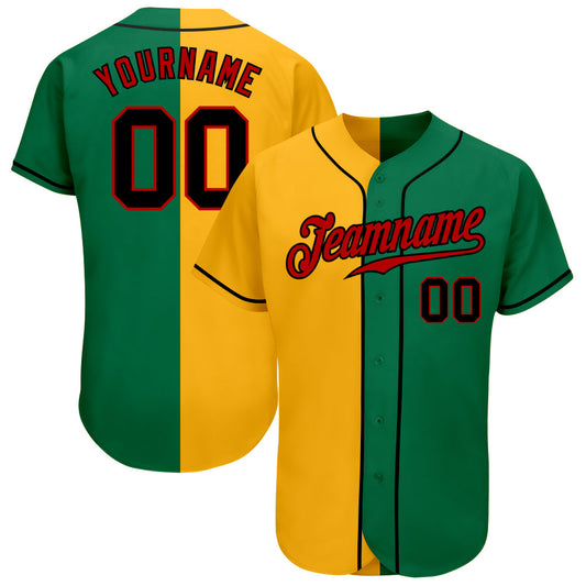 Custom Kelly Green Black-Yellow Authentic Split Fashion Baseball Jersey - Main View