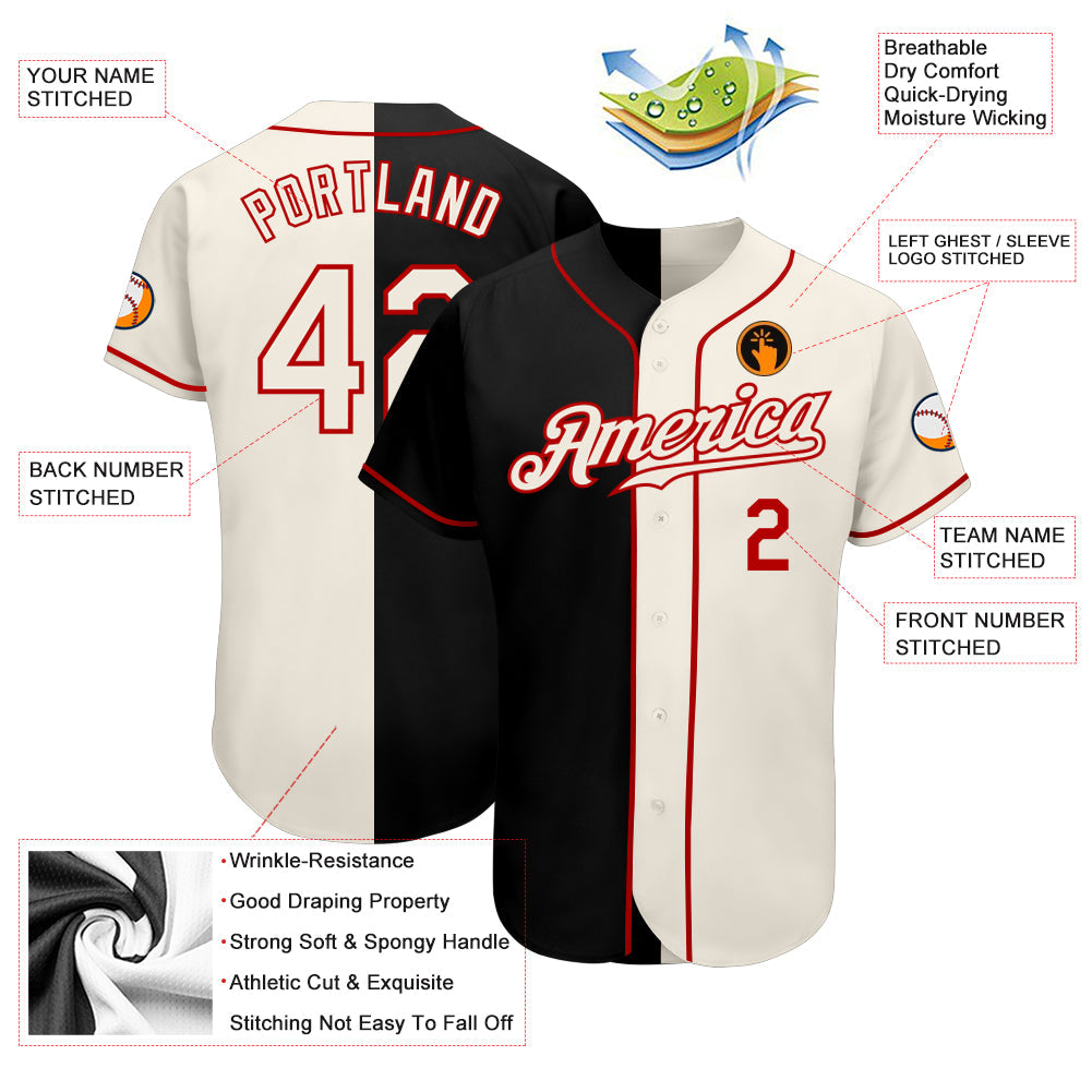 Custom Black Cream-Red Authentic Split Fashion Baseball Jersey view 3