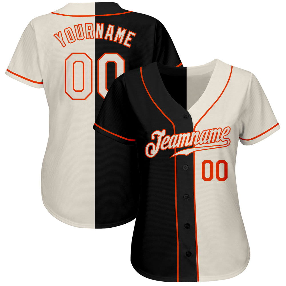 Custom Black Cream-Orange Authentic Split Fashion Baseball Jersey view 2