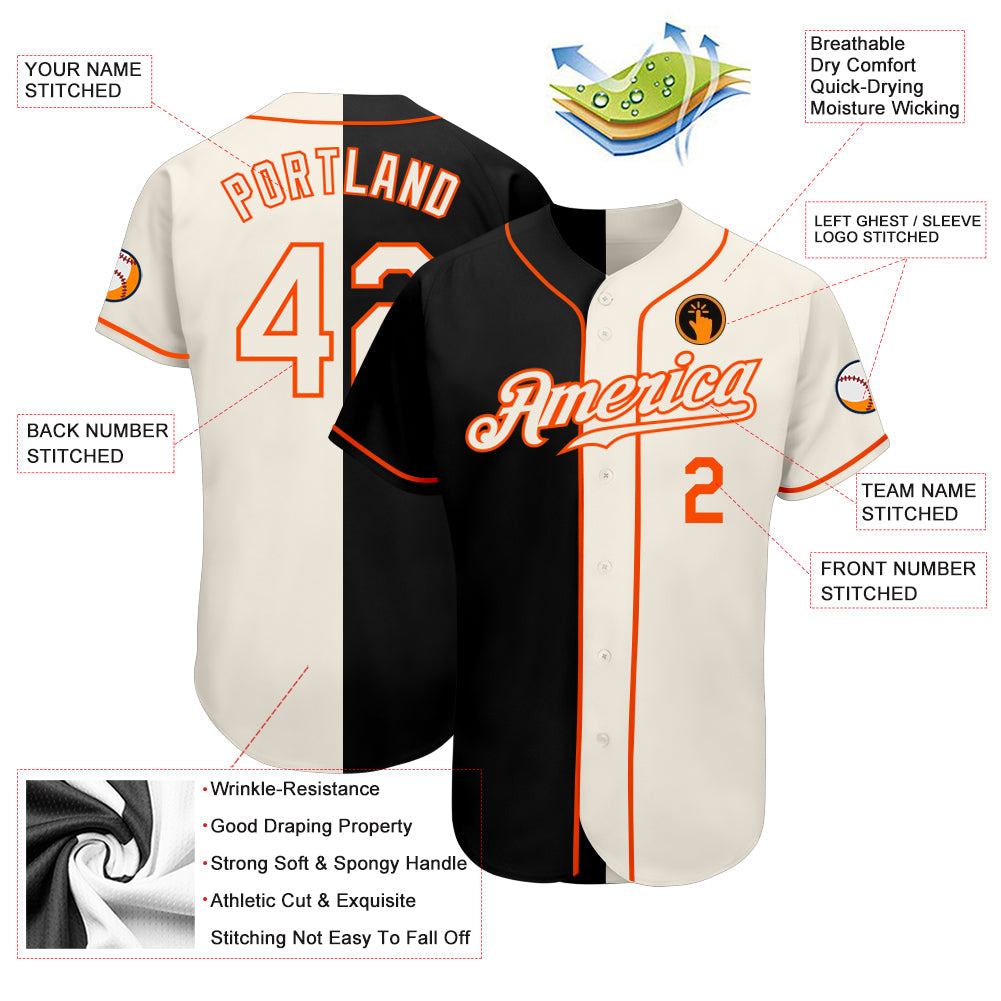 Custom Black Cream-Orange Authentic Split Fashion Baseball Jersey view 3
