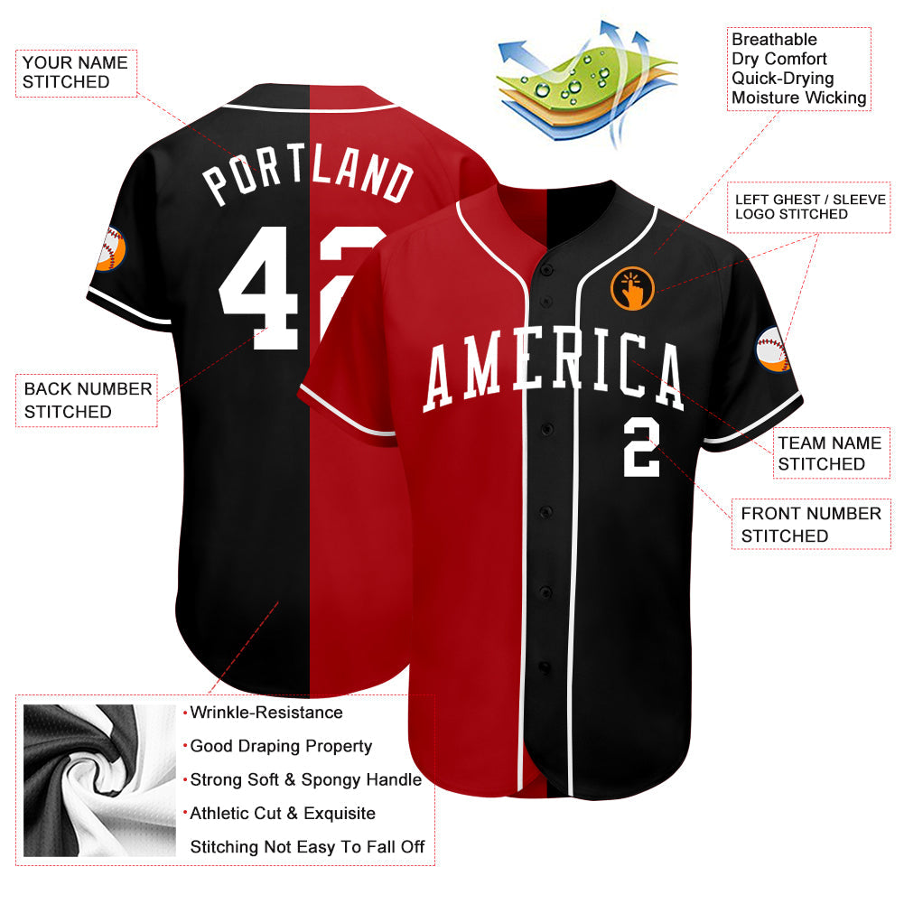 Custom Black White-Red Authentic Split Fashion Baseball Jersey view 3