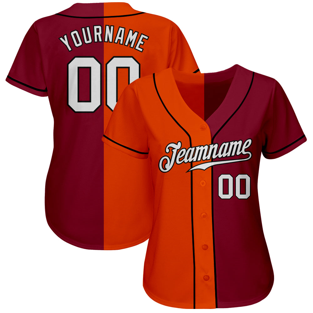 Custom Crimson White Orange-Black Authentic Split Fashion Baseball Jersey view 2