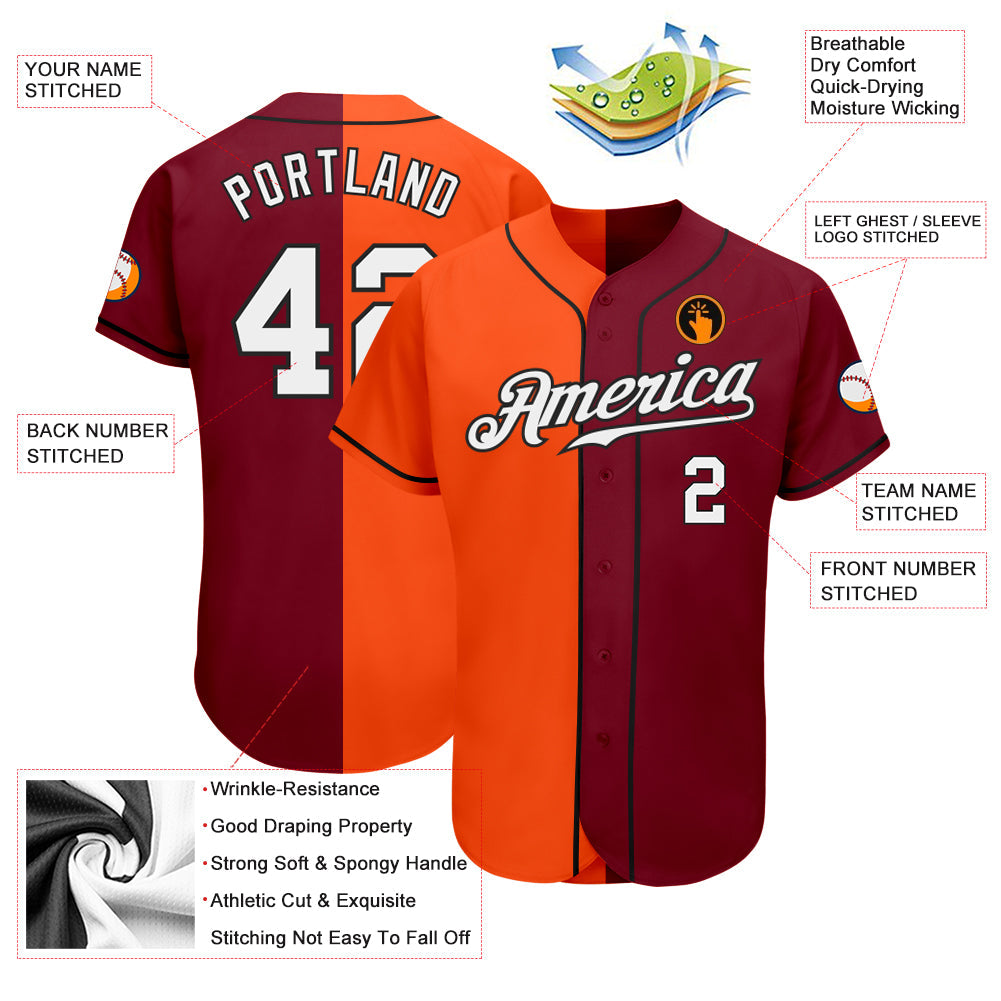 Custom Crimson White Orange-Black Authentic Split Fashion Baseball Jersey view 3