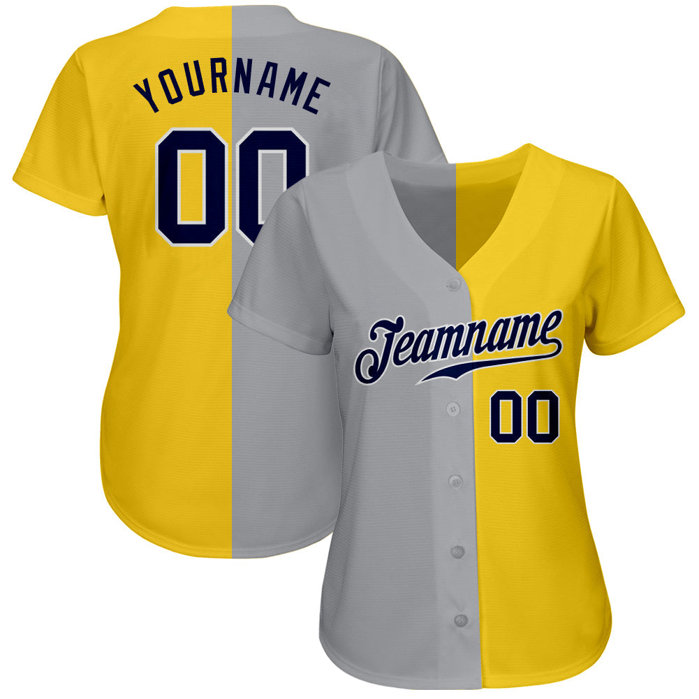 Custom Yellow Navy Gray-White Authentic Split Fashion Baseball Jersey view 2
