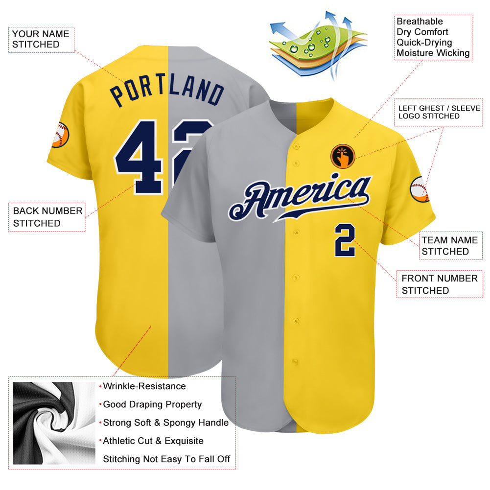 Custom Yellow Navy Gray-White Authentic Split Fashion Baseball Jersey view 3