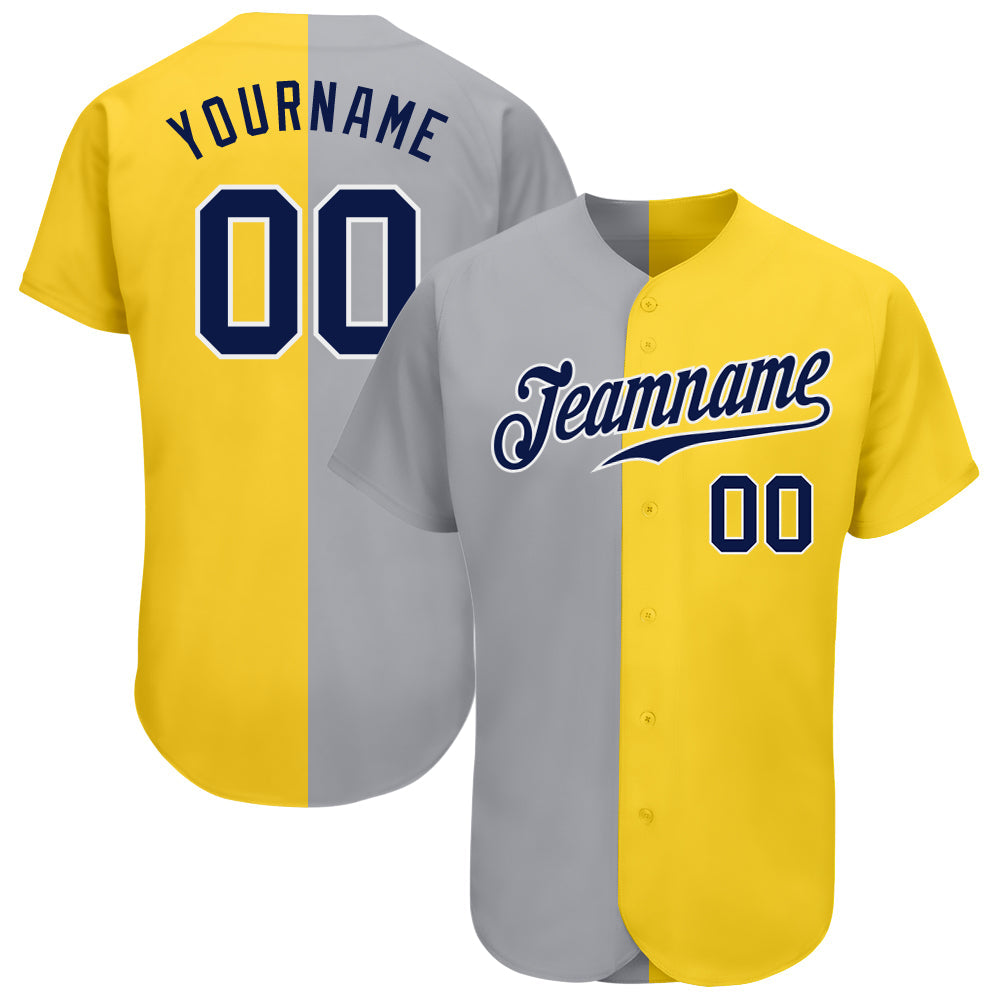 Custom Yellow Navy Gray-White Authentic Split Fashion Baseball Jersey - Main View