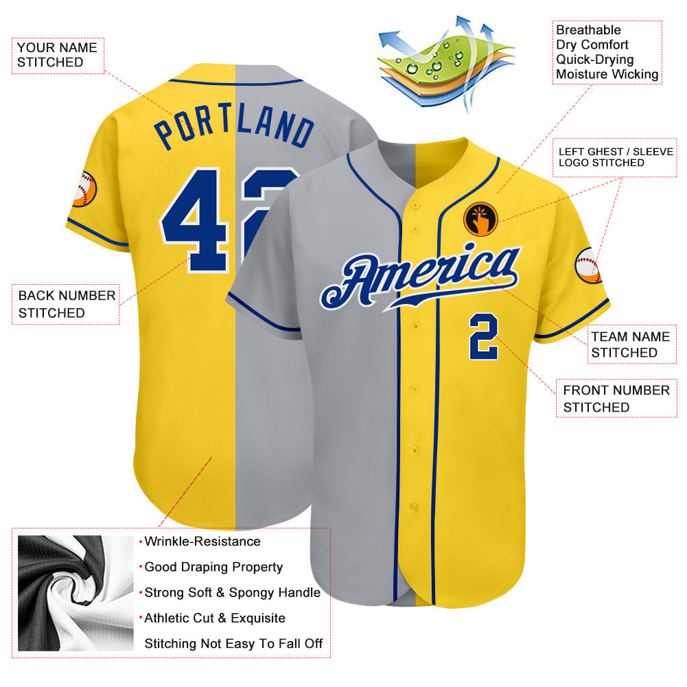 Custom Yellow Royal Gray-White Authentic Split Fashion Baseball Jersey view 3