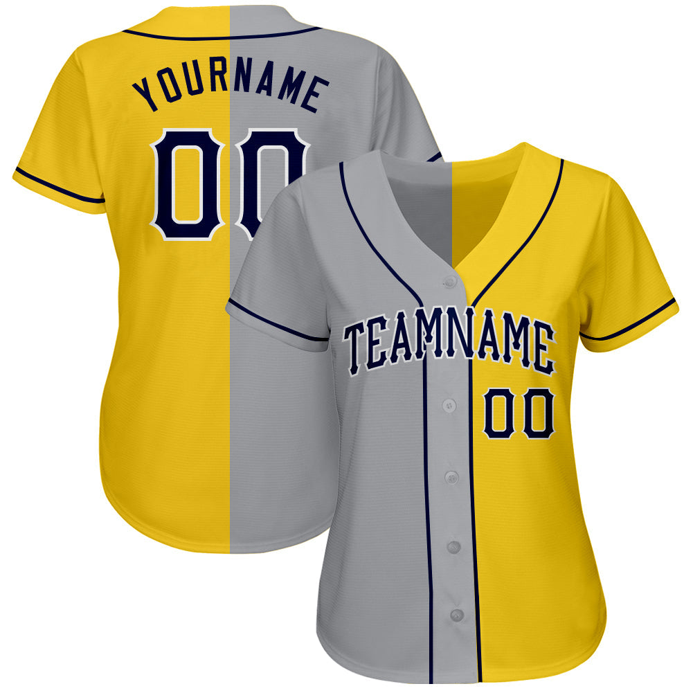 Custom Yellow Navy Gray-White Authentic Split Fashion Baseball Jersey view 2