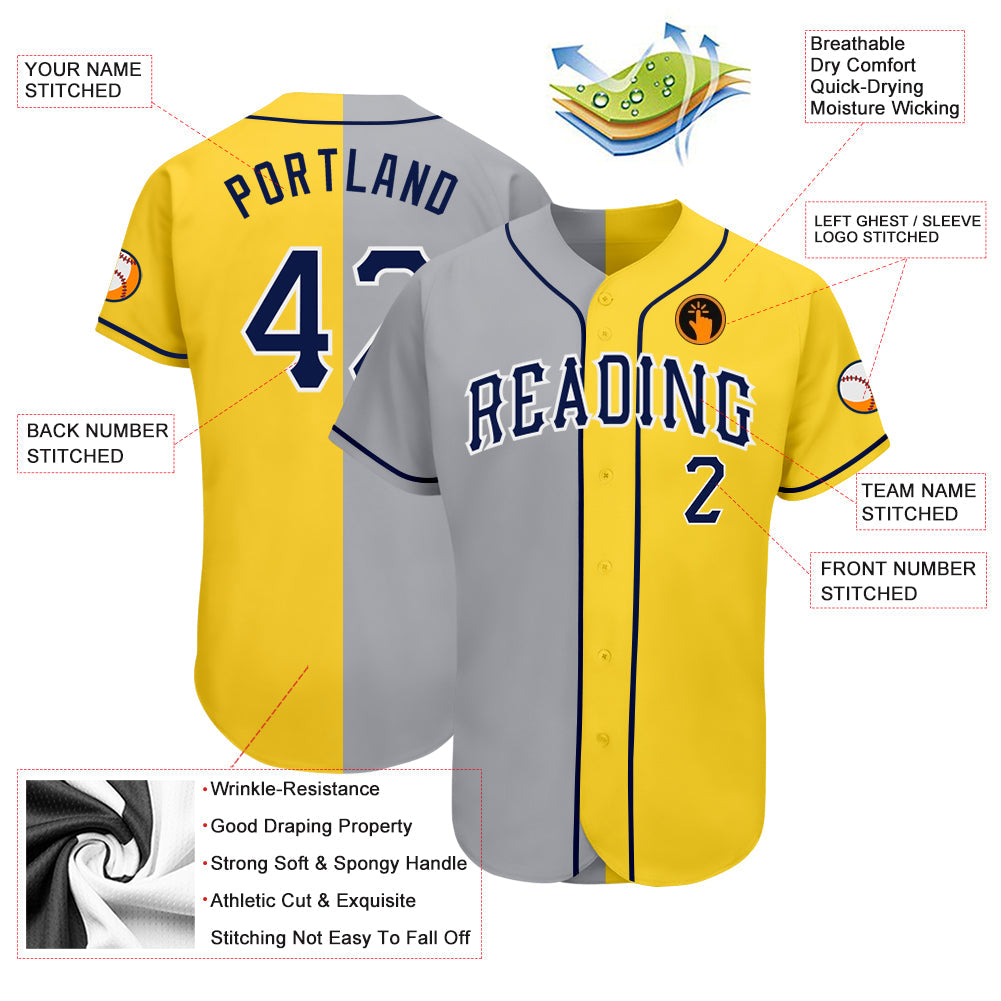 Custom Yellow Navy Gray-White Authentic Split Fashion Baseball Jersey view 3