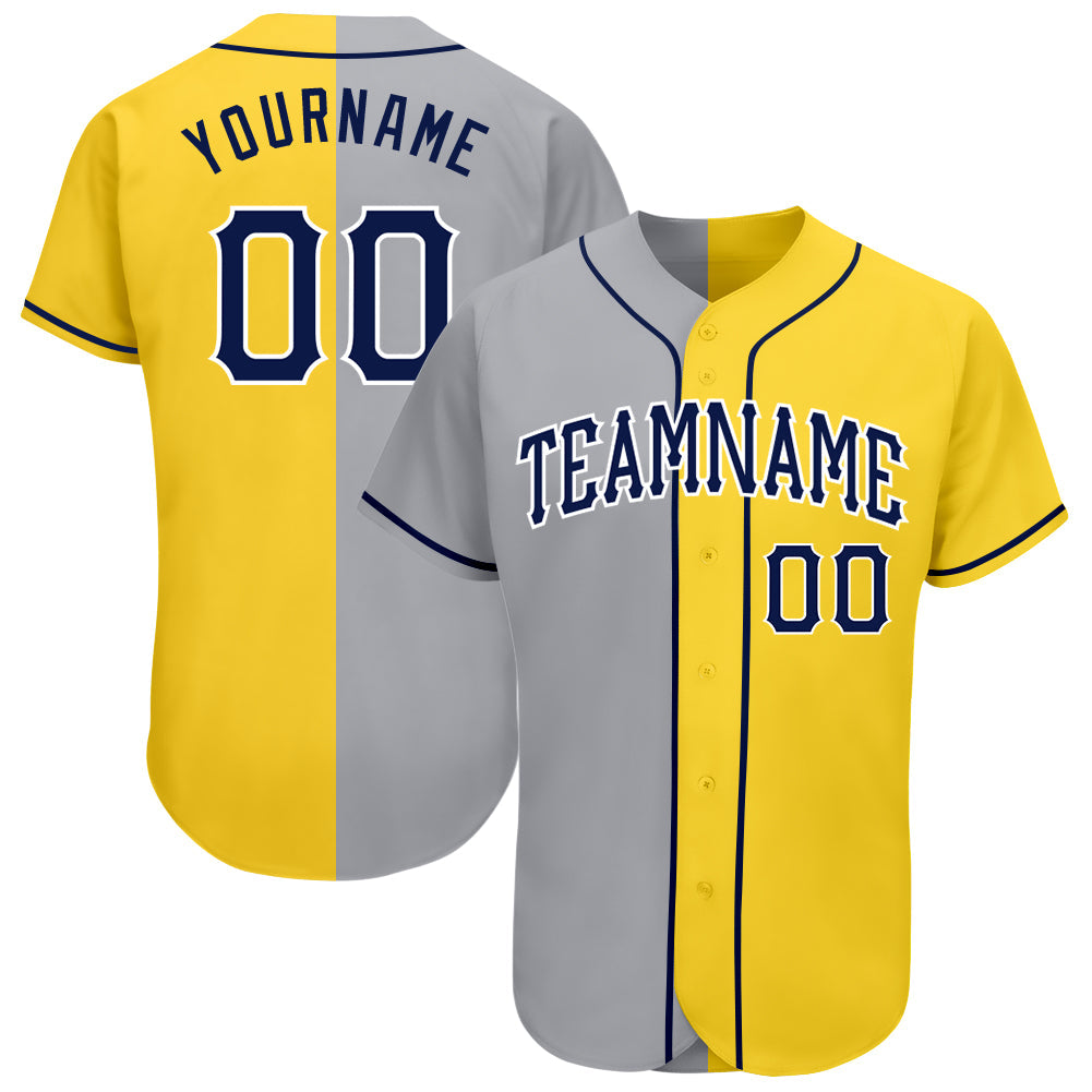 Custom Yellow Navy Gray-White Authentic Split Fashion Baseball Jersey - Main View