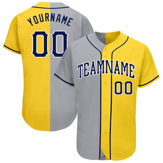 Custom Yellow Navy Gray-White Authentic Split Fashion Baseball Jersey - Main View