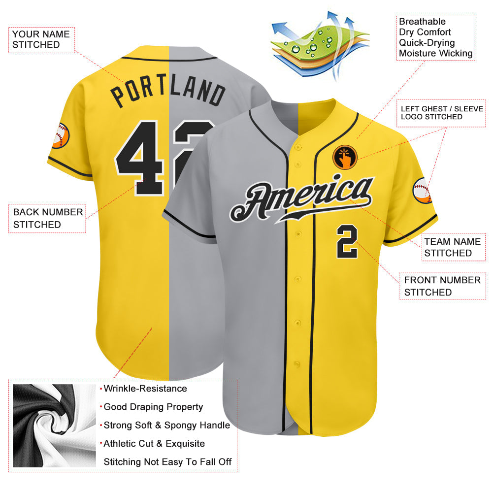 Custom Yellow Black Gray-White Authentic Split Fashion Baseball Jersey view 3