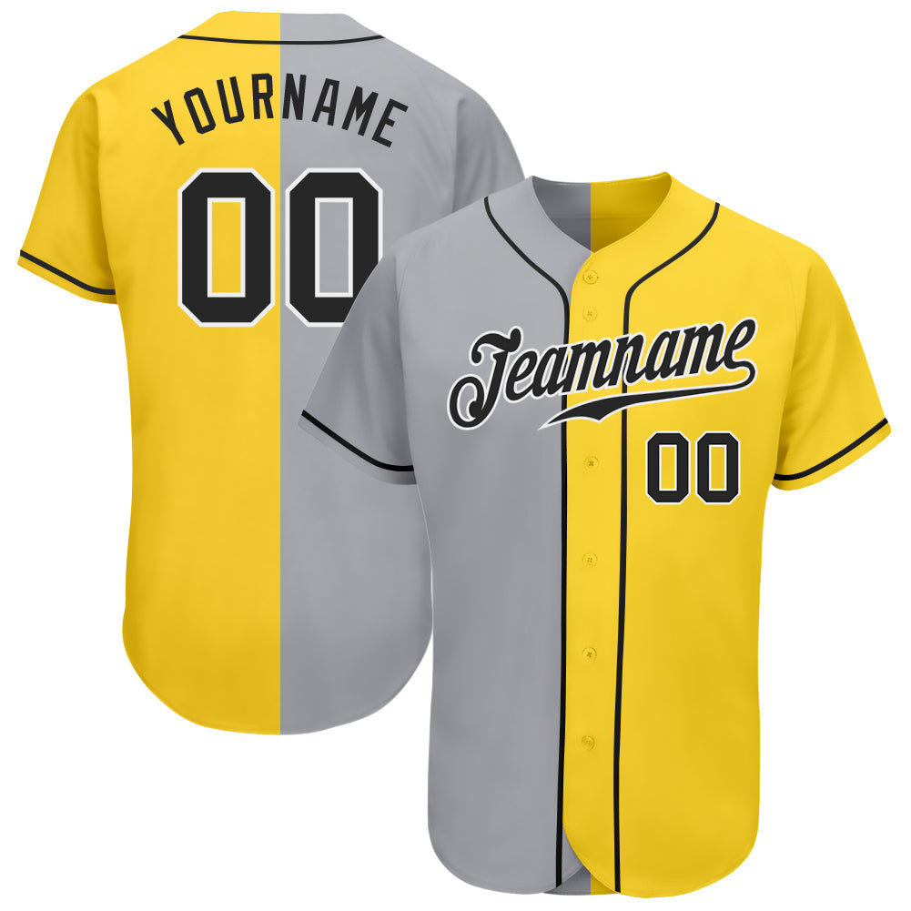 Custom Yellow Black Gray-White Authentic Split Fashion Baseball Jersey - Main View
