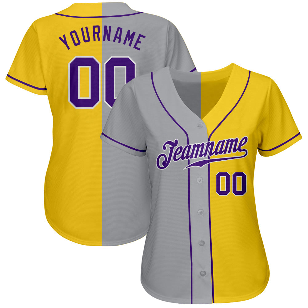Custom Yellow Purple Gray-White Authentic Split Fashion Baseball Jersey view 2