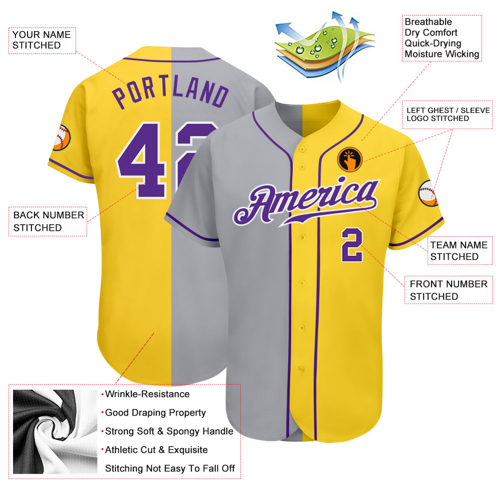 Custom Yellow Purple Gray-White Authentic Split Fashion Baseball Jersey view 3