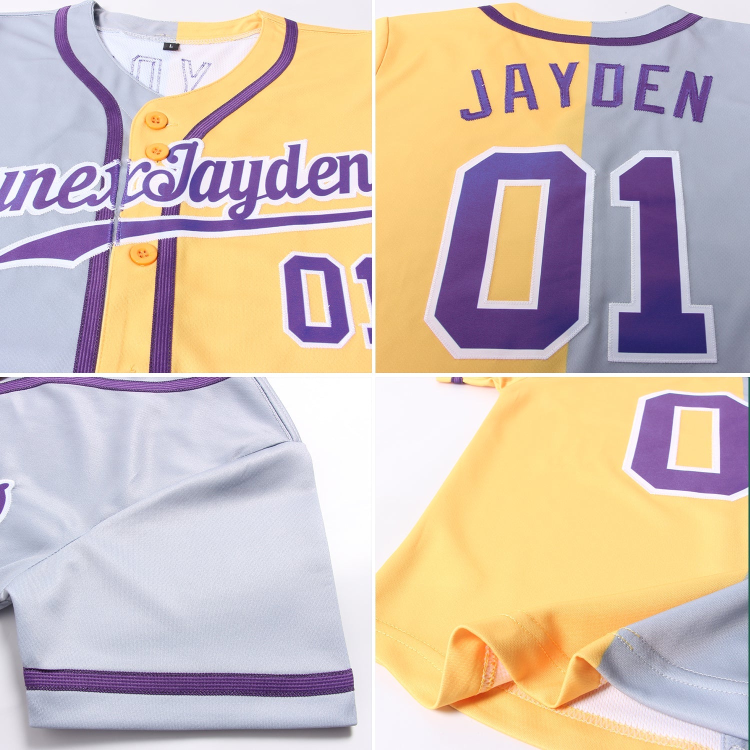 Custom Yellow Purple Gray-White Authentic Split Fashion Baseball Jersey view 6