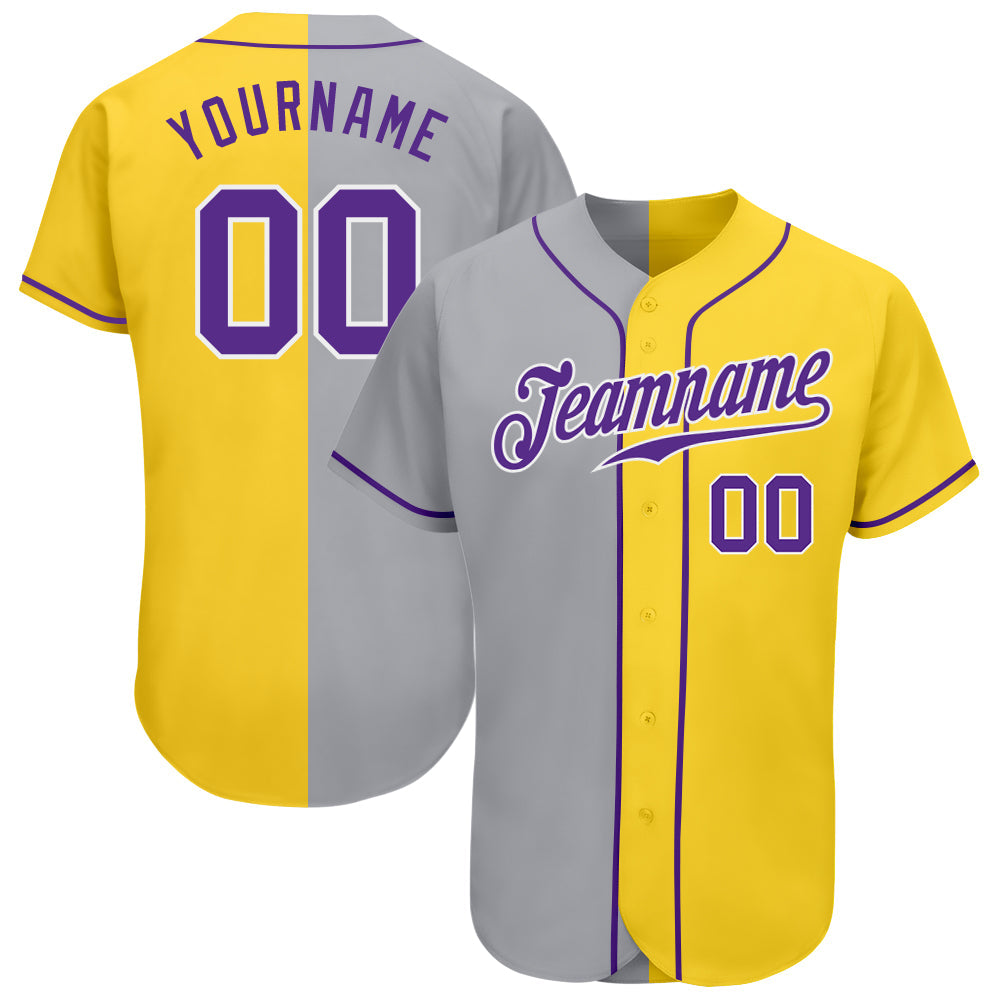 Custom Yellow Purple Gray-White Authentic Split Fashion Baseball Jersey - Main View