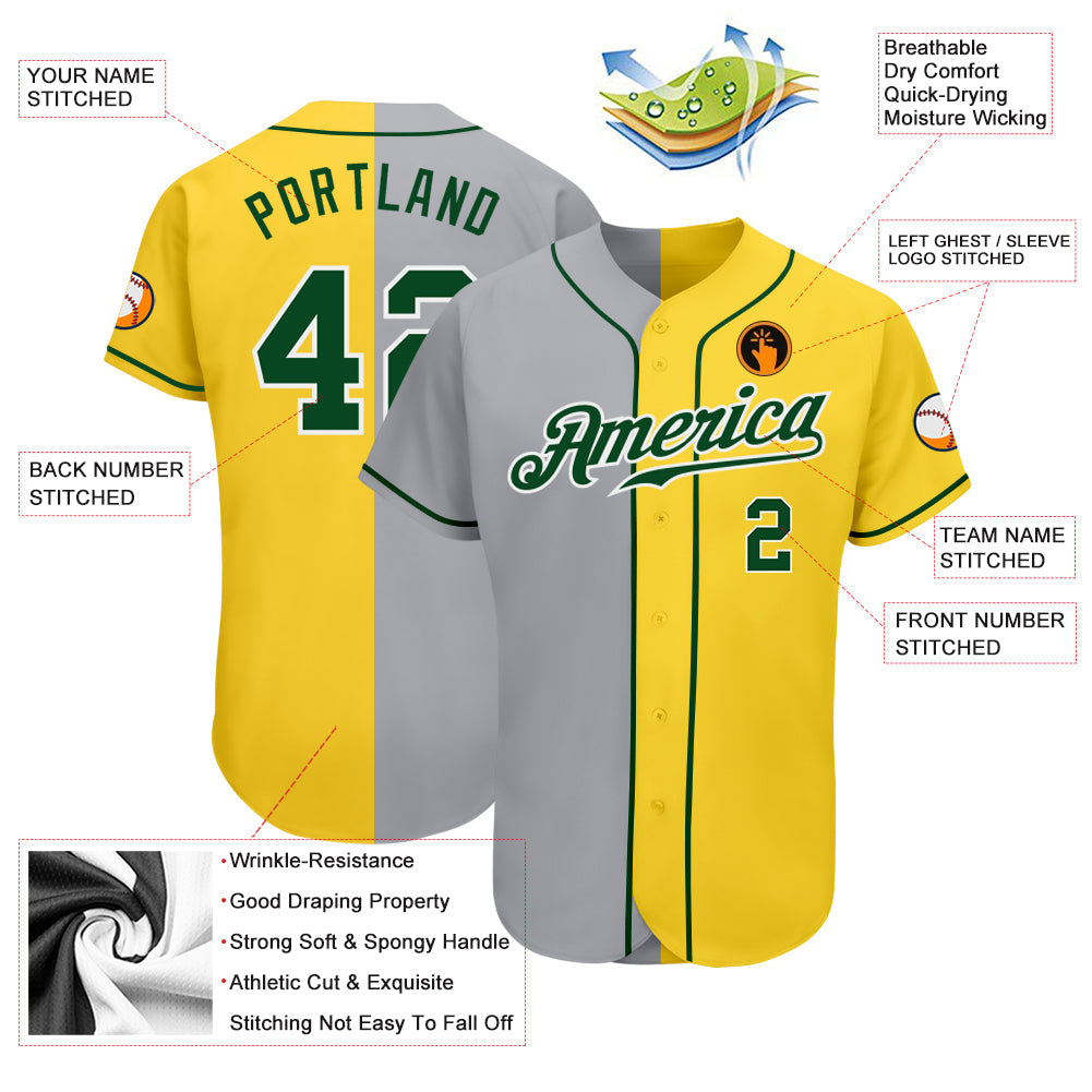 Custom Yellow Green-Gray Authentic Split Fashion Baseball Jersey view 3