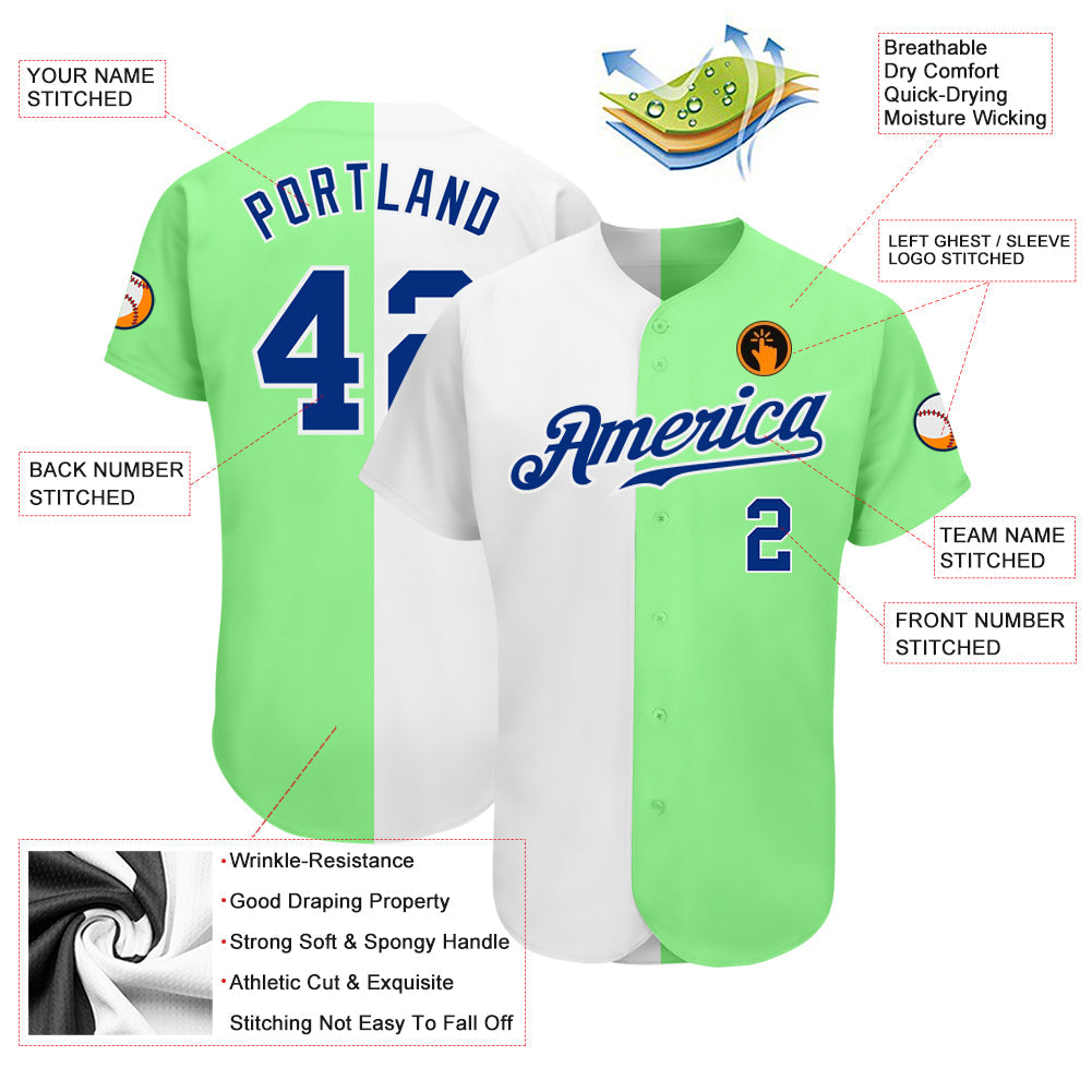 Custom Pea Green Royal-White Authentic Split Fashion Baseball Jersey view 3