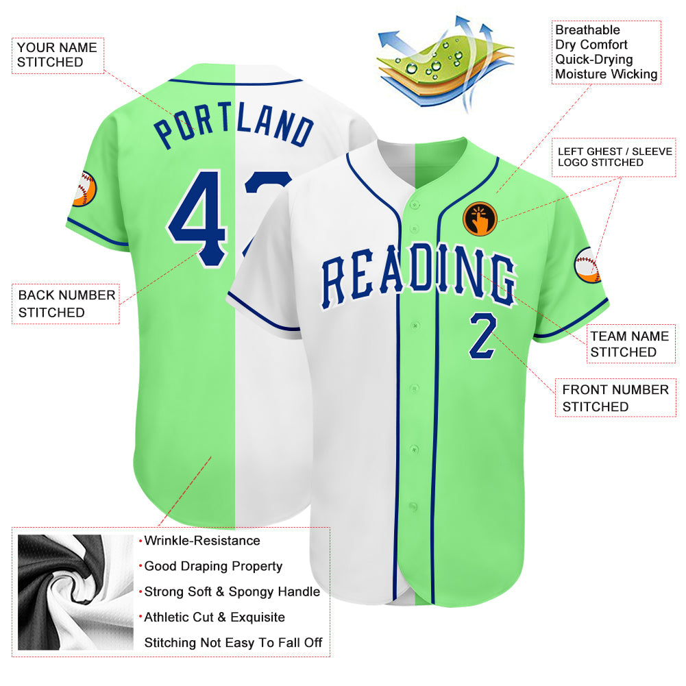 Custom Pea Green Royal-White Authentic Split Fashion Baseball Jersey view 3