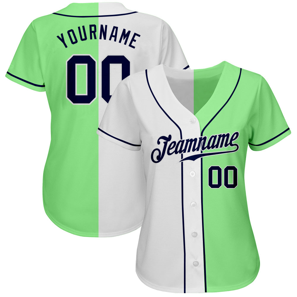 Custom Pea Green Navy-White Authentic Split Fashion Baseball Jersey view 2