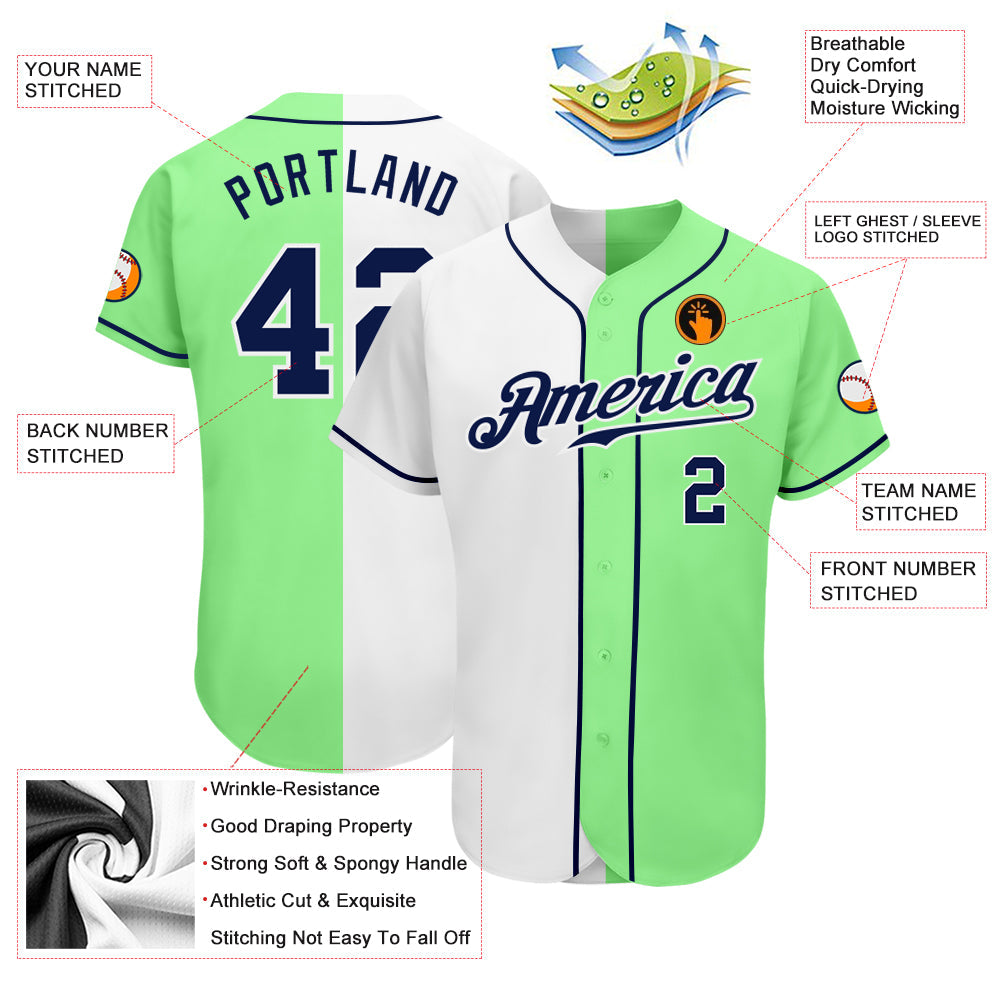 Custom Pea Green Navy-White Authentic Split Fashion Baseball Jersey view 3