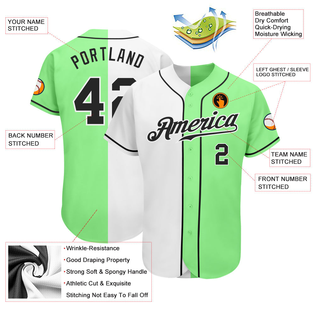 Custom Pea Green Black-White Authentic Split Fashion Baseball Jersey view 3