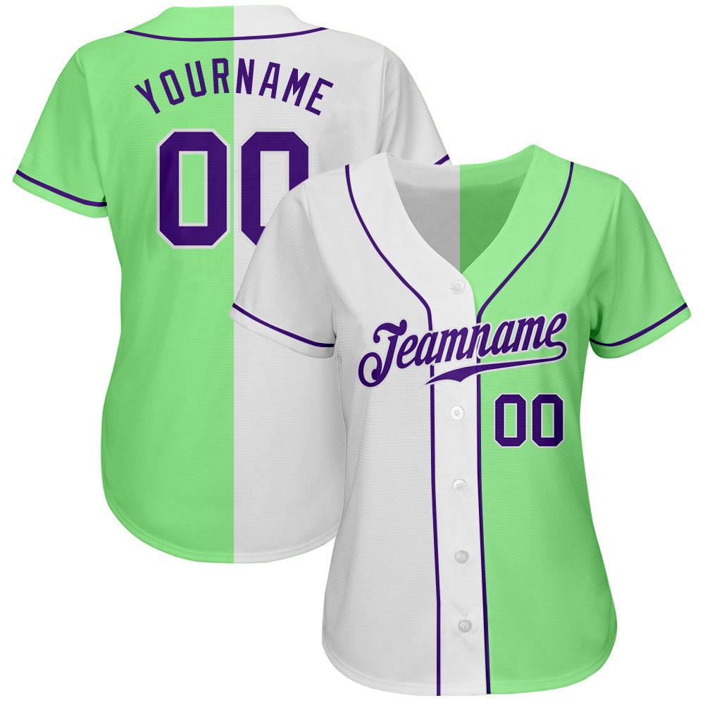 Custom Pea Green Purple-White Authentic Split Fashion Baseball Jersey view 2
