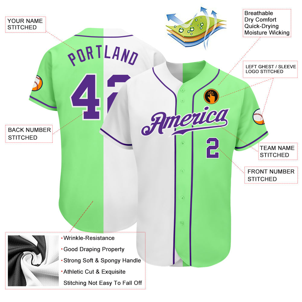 Custom Pea Green Purple-White Authentic Split Fashion Baseball Jersey view 3