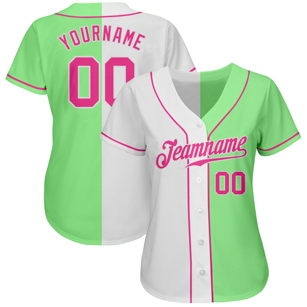 Custom Pea Green Pink-White Authentic Split Fashion Baseball Jersey view 2