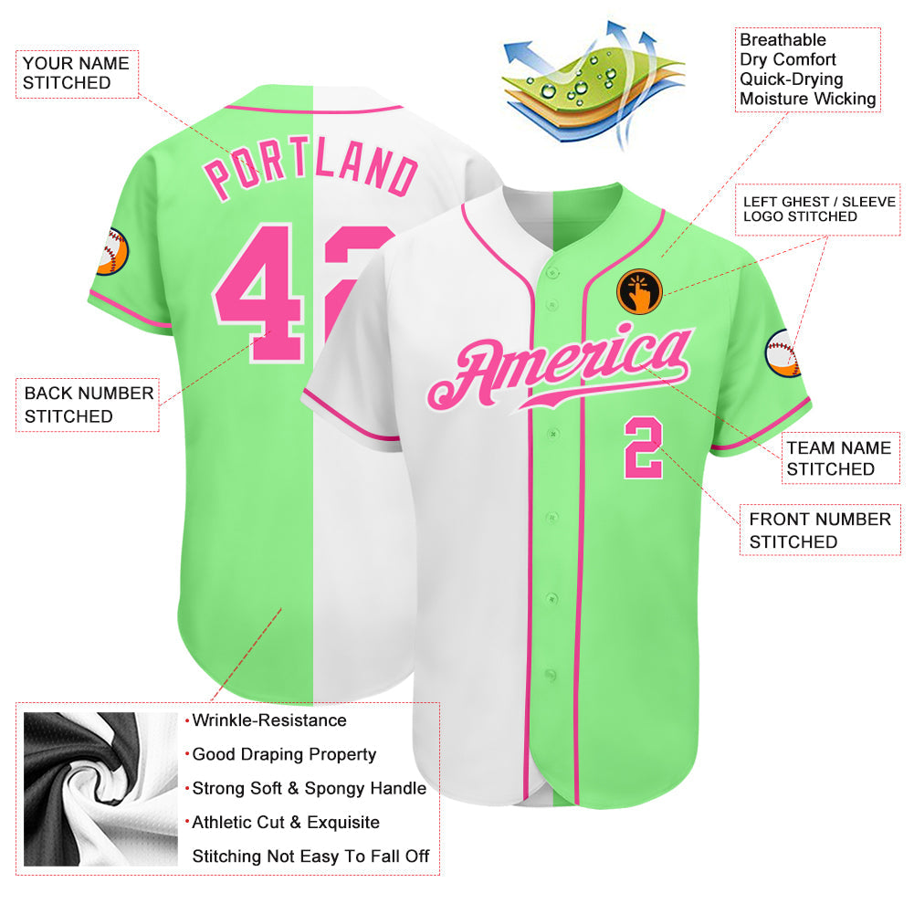 Custom Pea Green Pink-White Authentic Split Fashion Baseball Jersey view 3