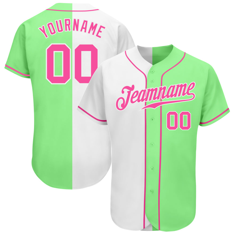 Custom Pea Green Pink-White Authentic Split Fashion Baseball Jersey - Main View