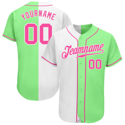 Custom Pea Green Pink-White Authentic Split Fashion Baseball Jersey - Main View