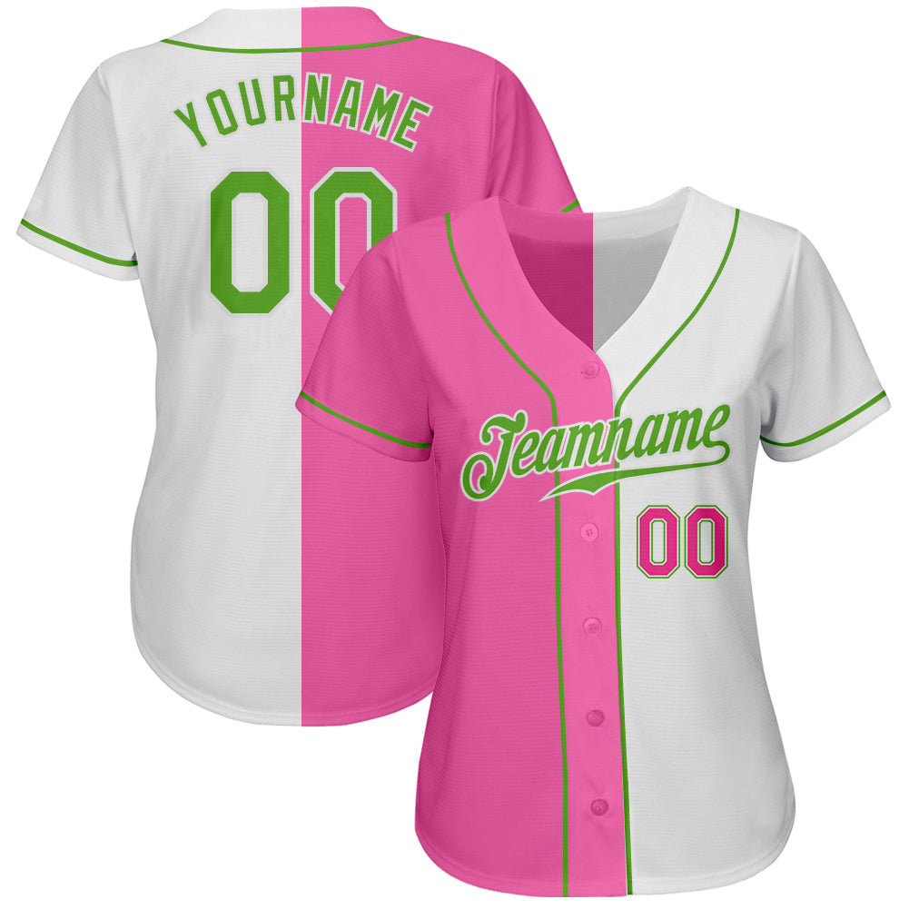 Custom White Neon Green-Pink Authentic Split Fashion Baseball Jersey view 2