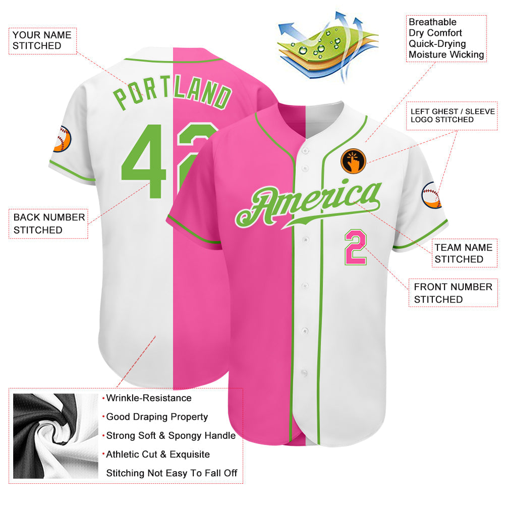 Custom White Neon Green-Pink Authentic Split Fashion Baseball Jersey view 3