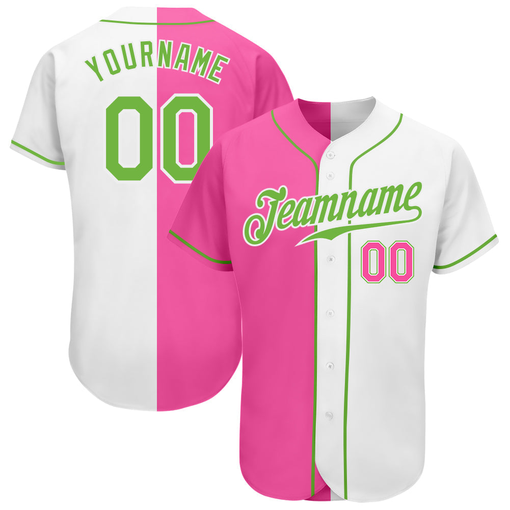 Custom White Neon Green-Pink Authentic Split Fashion Baseball Jersey - Main View