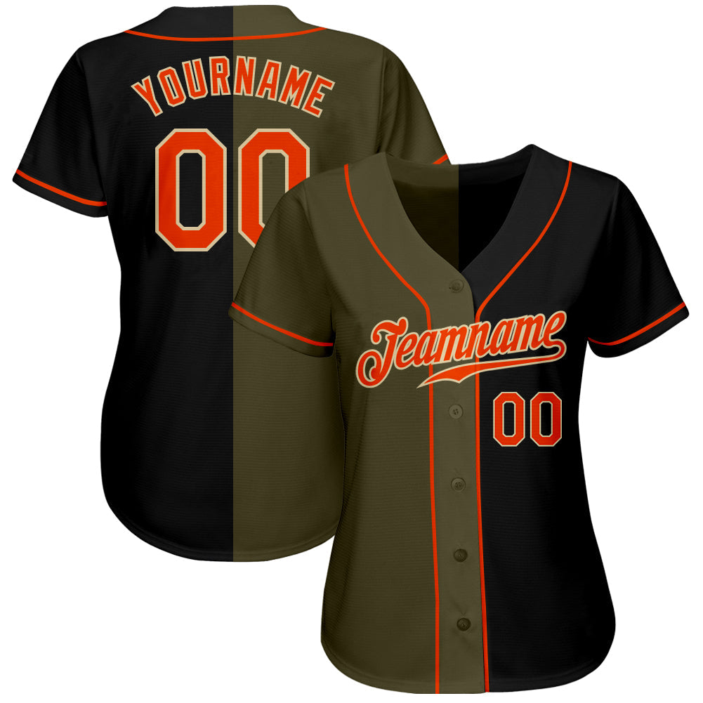 Custom Black Orange Olive-Cream Authentic Split Fashion Baseball Jersey view 2