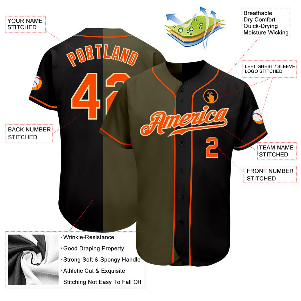 Custom Black Orange Olive-Cream Authentic Split Fashion Baseball Jersey view 3