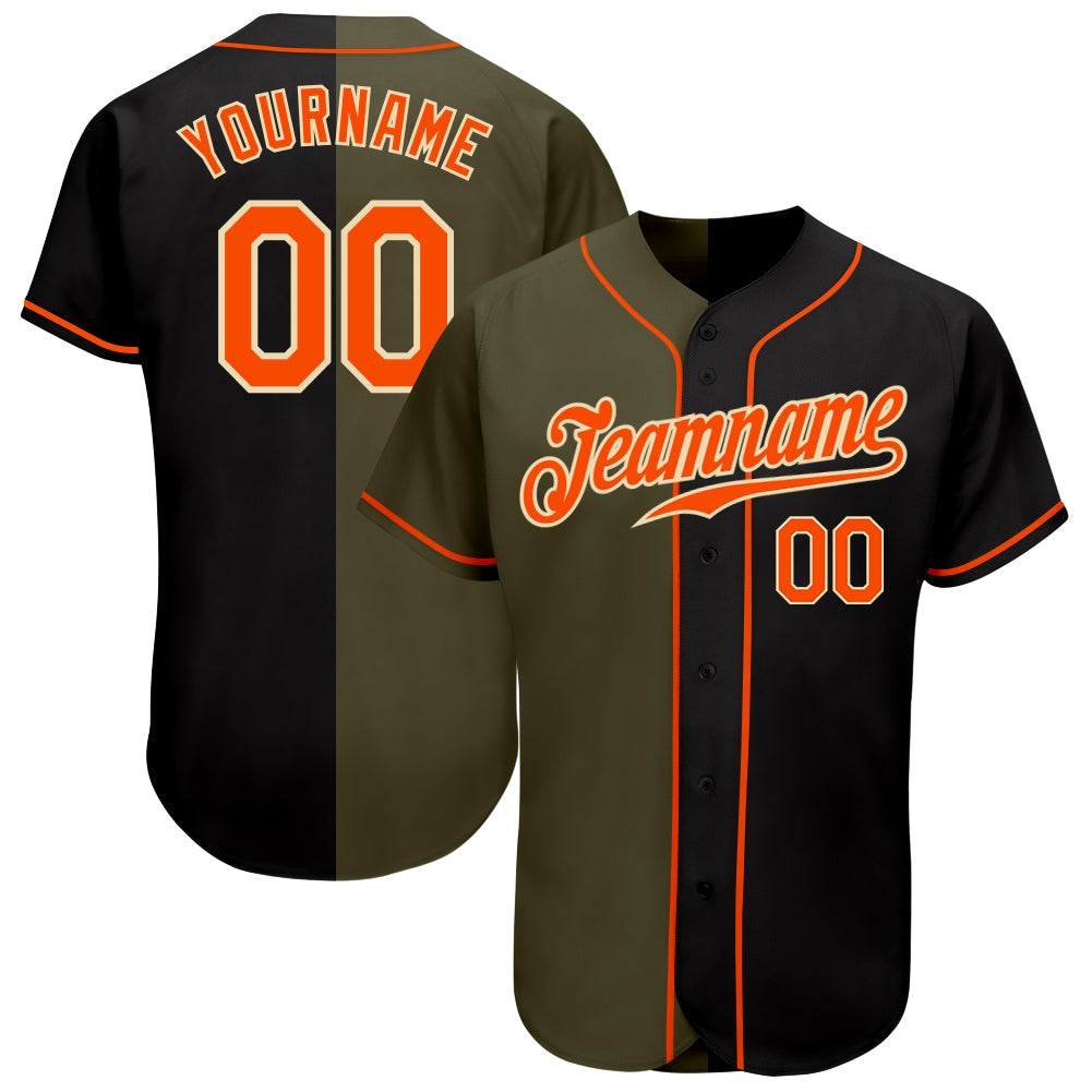 Custom Black Orange Olive-Cream Authentic Split Fashion Baseball Jersey - Main View