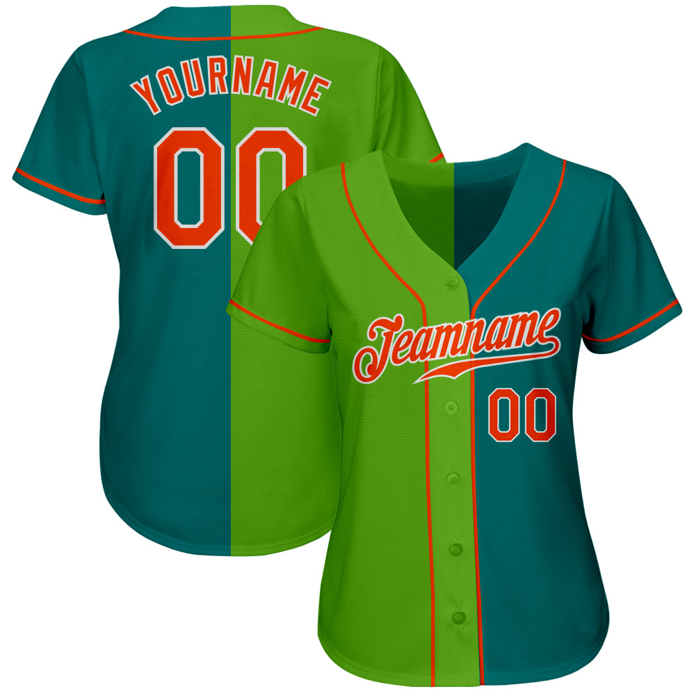 Custom Teal Orange Neon Green-White Authentic Split Fashion Baseball Jersey view 2