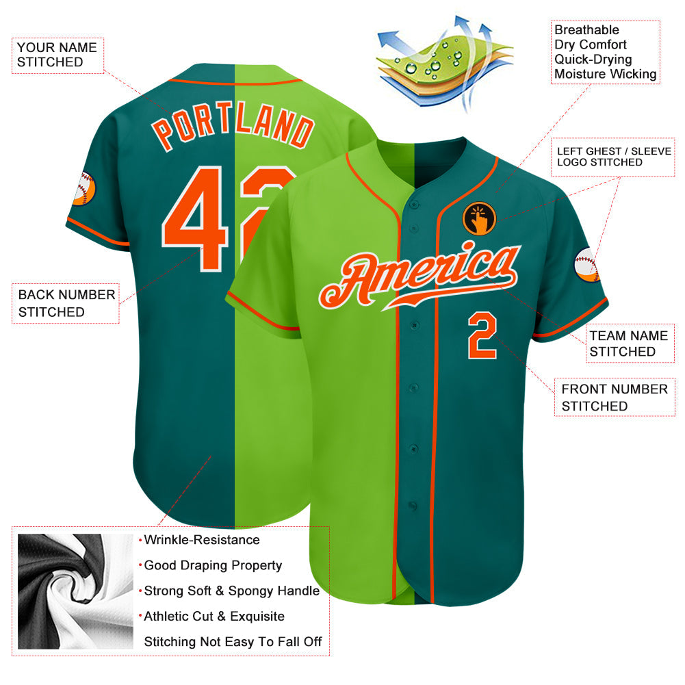 Custom Teal Orange Neon Green-White Authentic Split Fashion Baseball Jersey view 3
