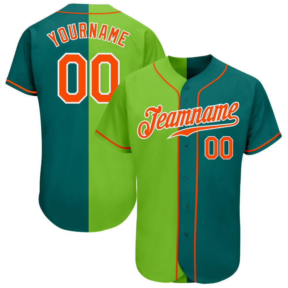 Custom Teal Orange Neon Green-White Authentic Split Fashion Baseball Jersey - Main View