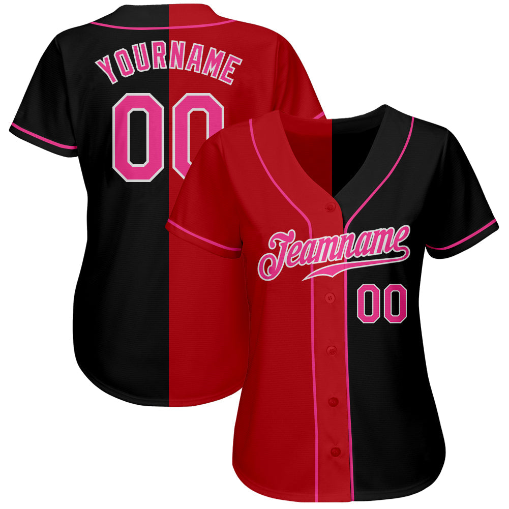 Custom Black Pink Red-White Authentic Split Fashion Baseball Jersey view 2