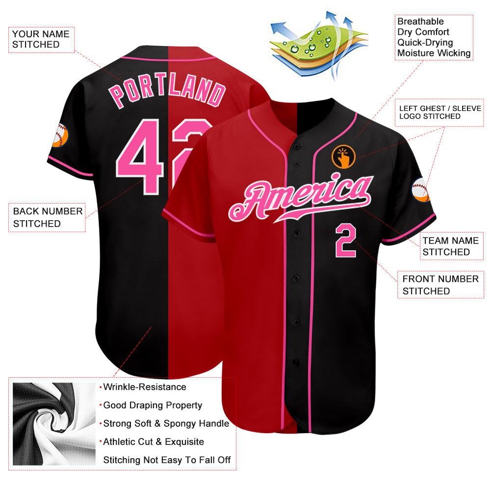 Custom Black Pink Red-White Authentic Split Fashion Baseball Jersey view 3