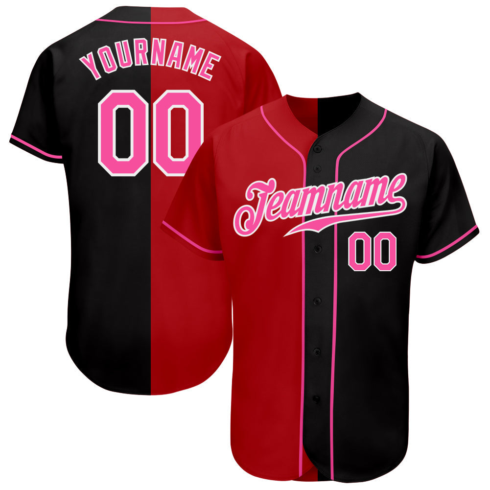 Custom Black Pink Red-White Authentic Split Fashion Baseball Jersey - Main View