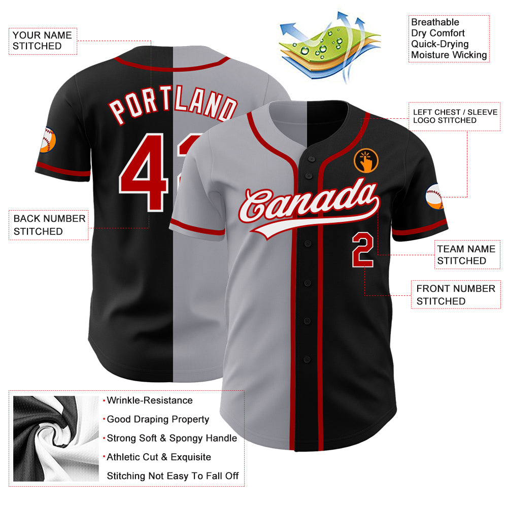 Custom Black Red-Gray Authentic Split Fashion Baseball Jersey view 3