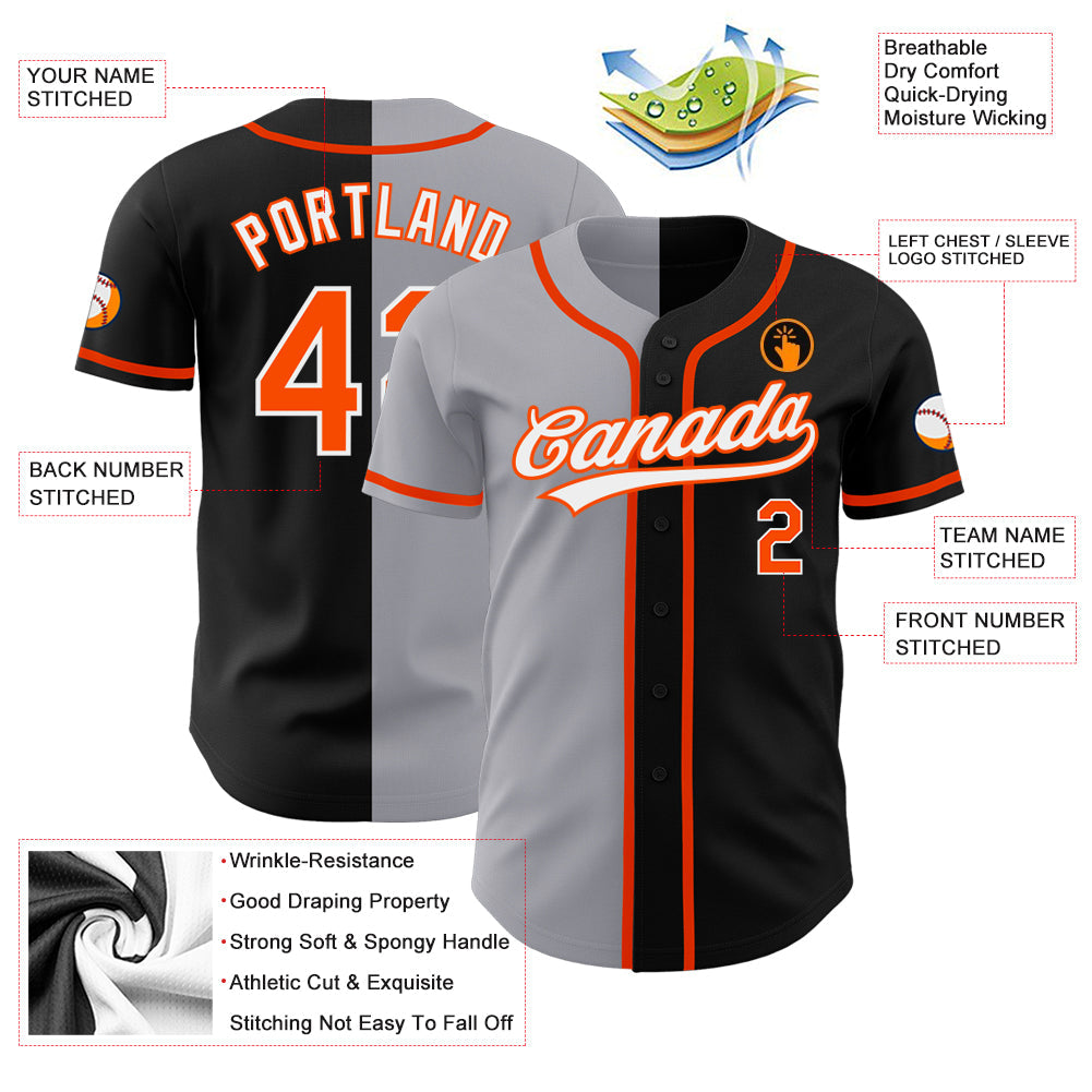 Custom Black Orange-Gray Authentic Split Fashion Baseball Jersey view 3